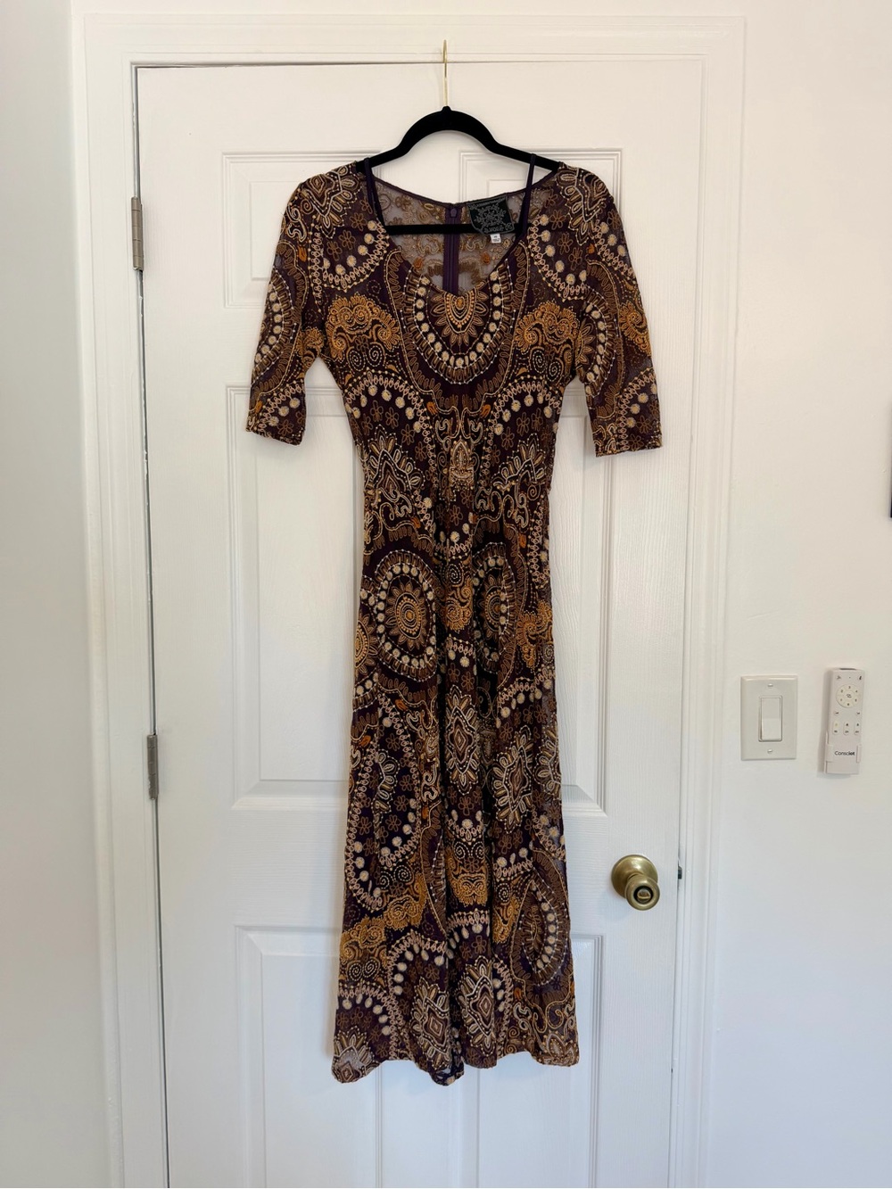 Johnny Was Brown and Gold Paisley Embroidered Sheer Maxi Dress With Slip